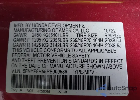 2023 Honda Passport Awd Ex-L from USA, damaged, VIN 5FNYF8H55PB000586